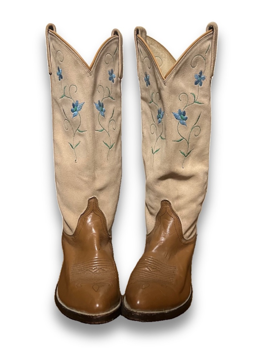 DAN POST 70s Vintage Tan/Cream Coastal Cowgirl Floral Embroidered Cowboy Boots